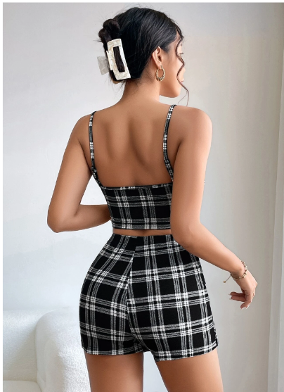 Plaid Print Cami Top & Wrap Hem Skort