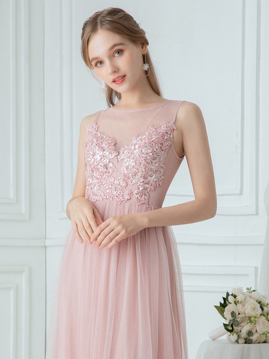 Round Neck Applique Bridesmaid Dress