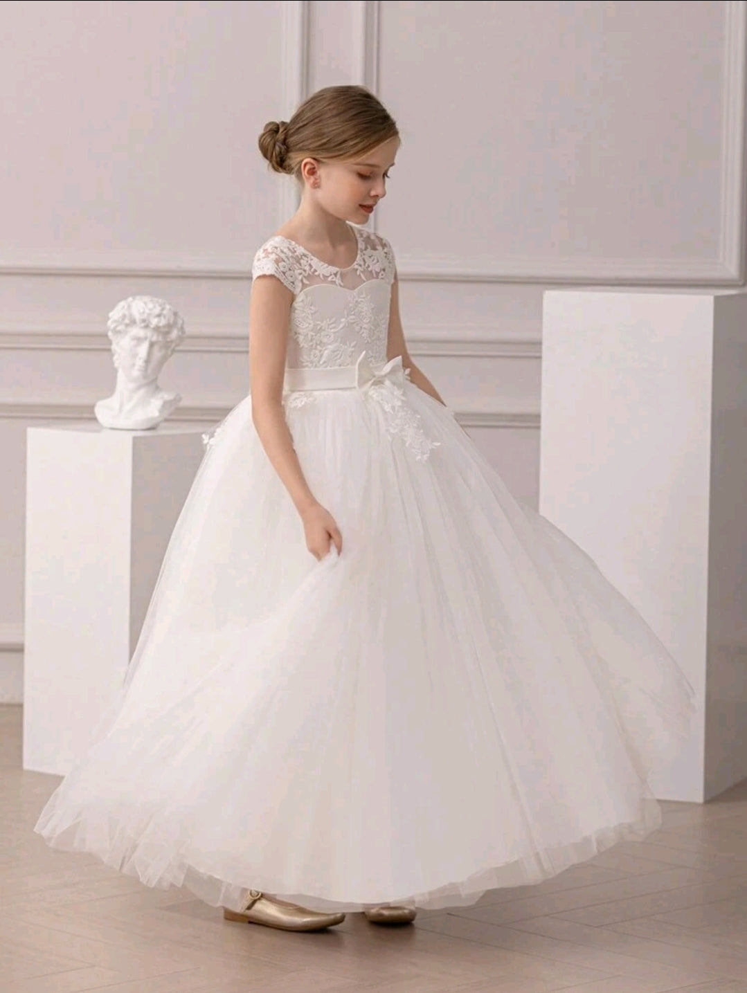 Tween Girl Bowknot Embroidered Tulle Party Dress