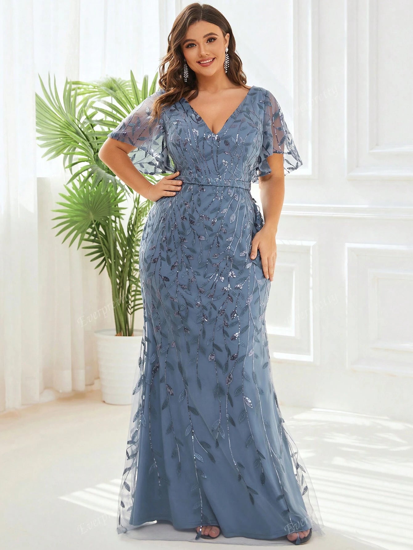 Plus Size Mesh Panel Butterfly Sleeve Sequin Dress - Preorder