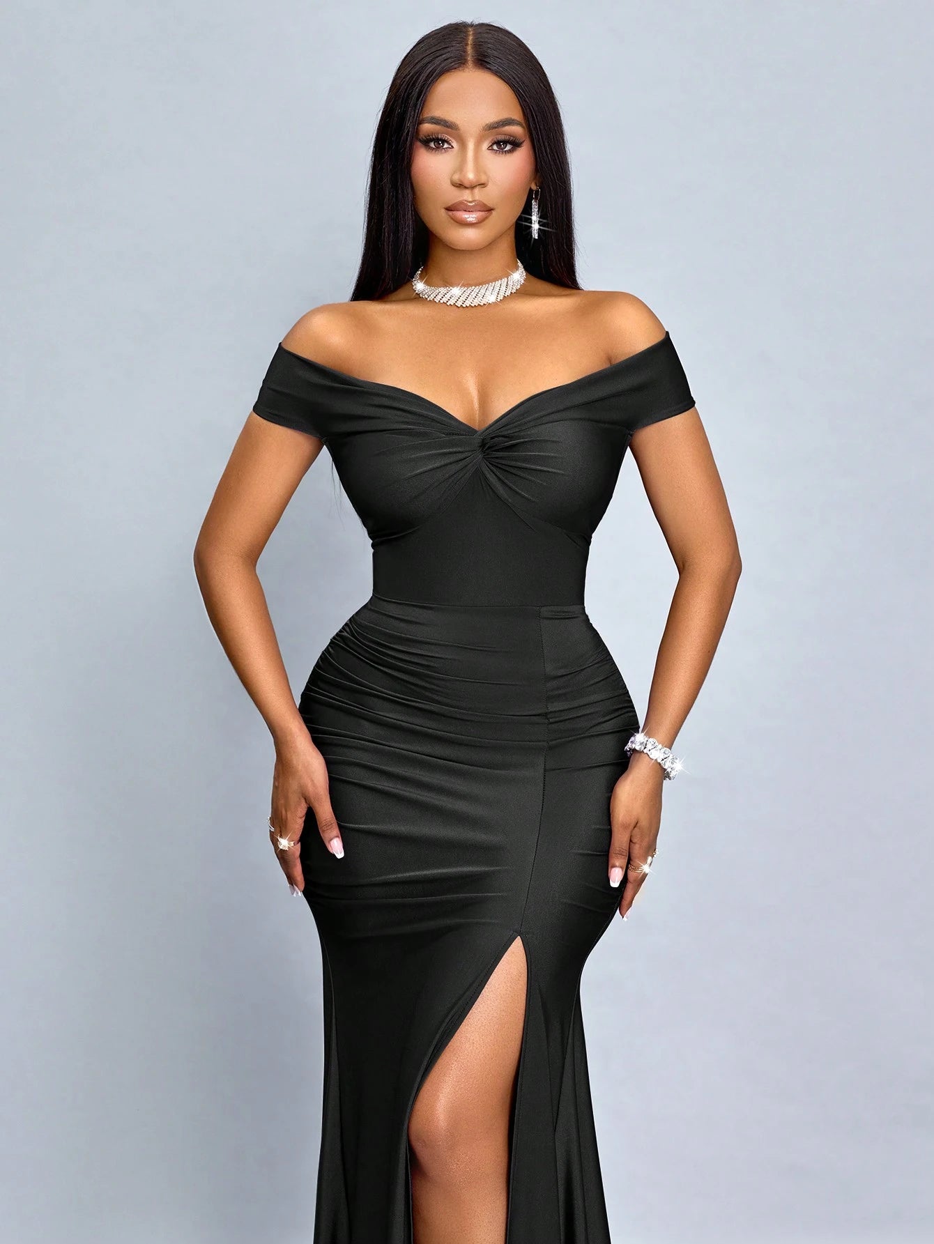 Solid Color Off Shoulder Chest Twist Split Hem Dress