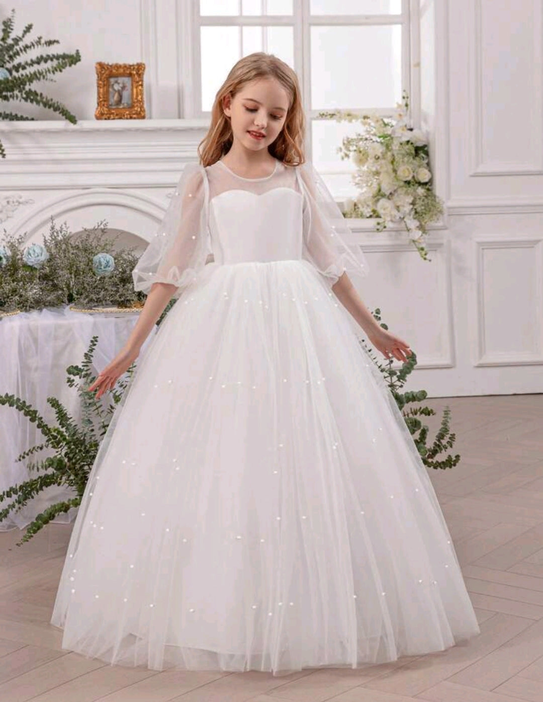 Tween Girl Pearl Bow Mesh Princess Dress