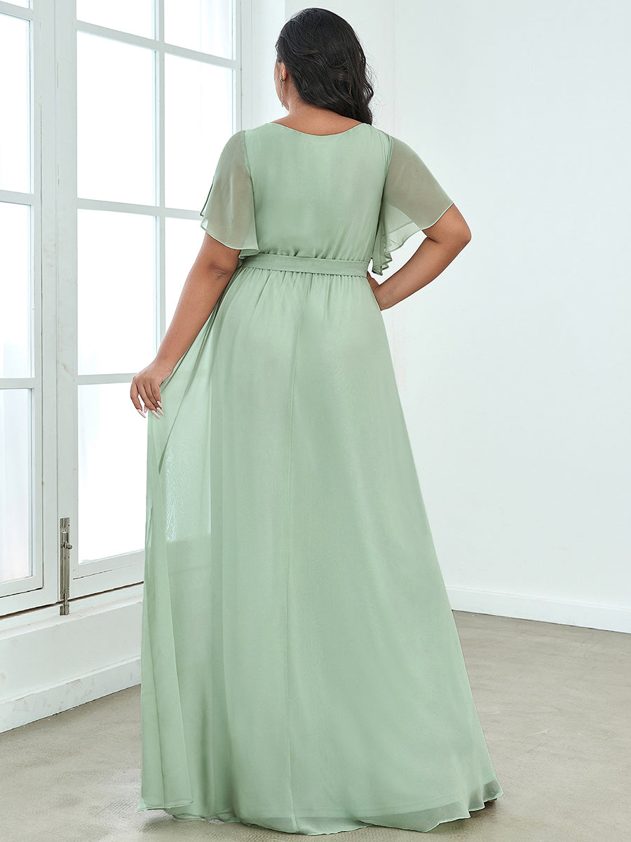 A Line bridesmaid Dresses with Deep V Neck Ruffles Sleeves