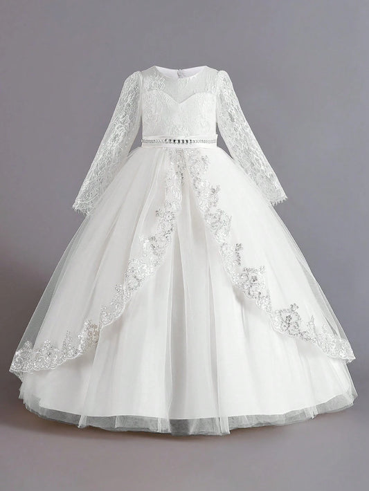 Long Sleeve Lace & Mesh Elegant Girls Dress