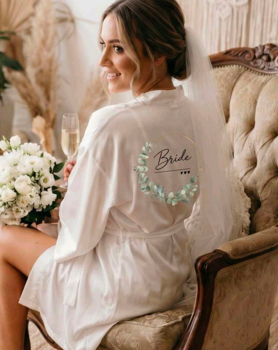 Bride Belted Robe White & Florals