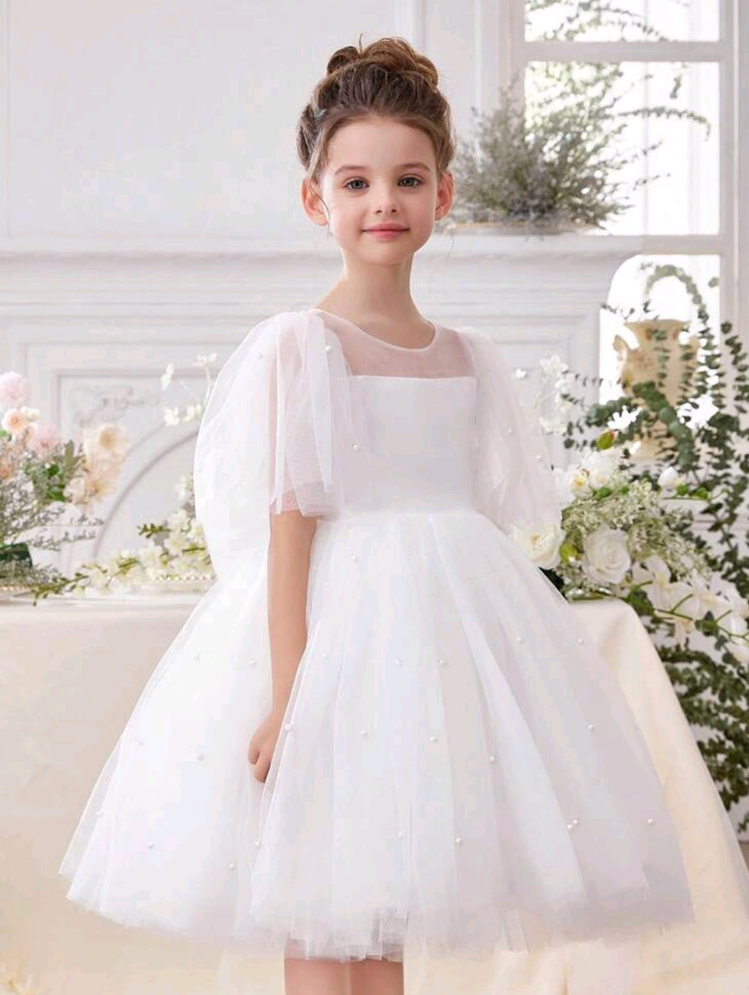 Girls Pearl Decor Tulle Sleeve Bow Party Dress