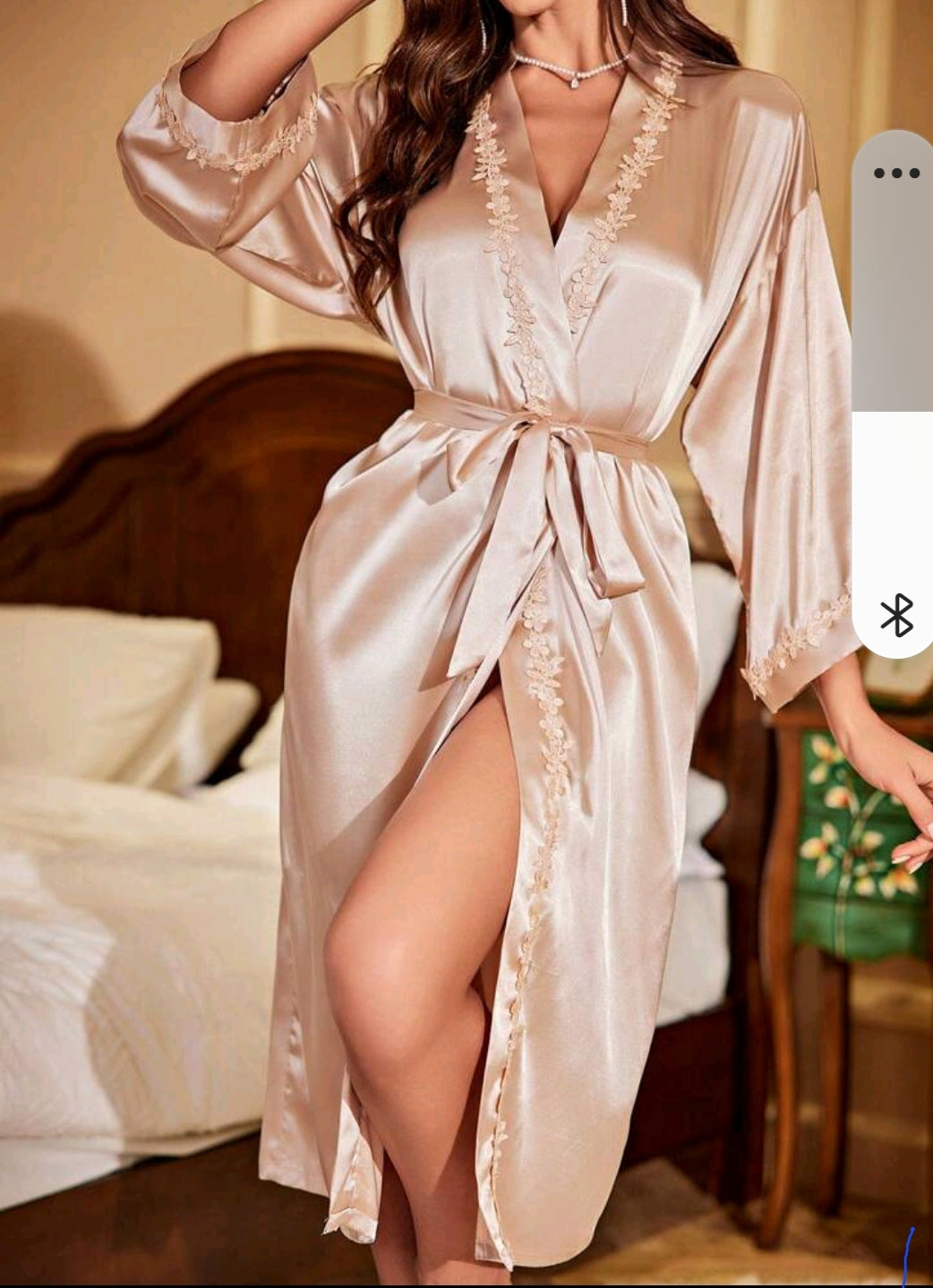 Floral Appliques Belted Satin Robe