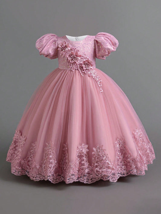 Girls' Pearl Embroidered Mesh Elegant Party Dress