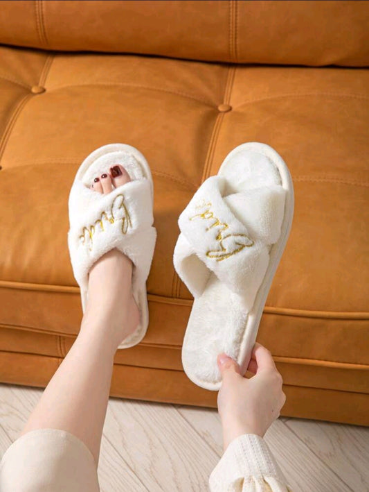 Bride Embroidered Fuzzy Slippers