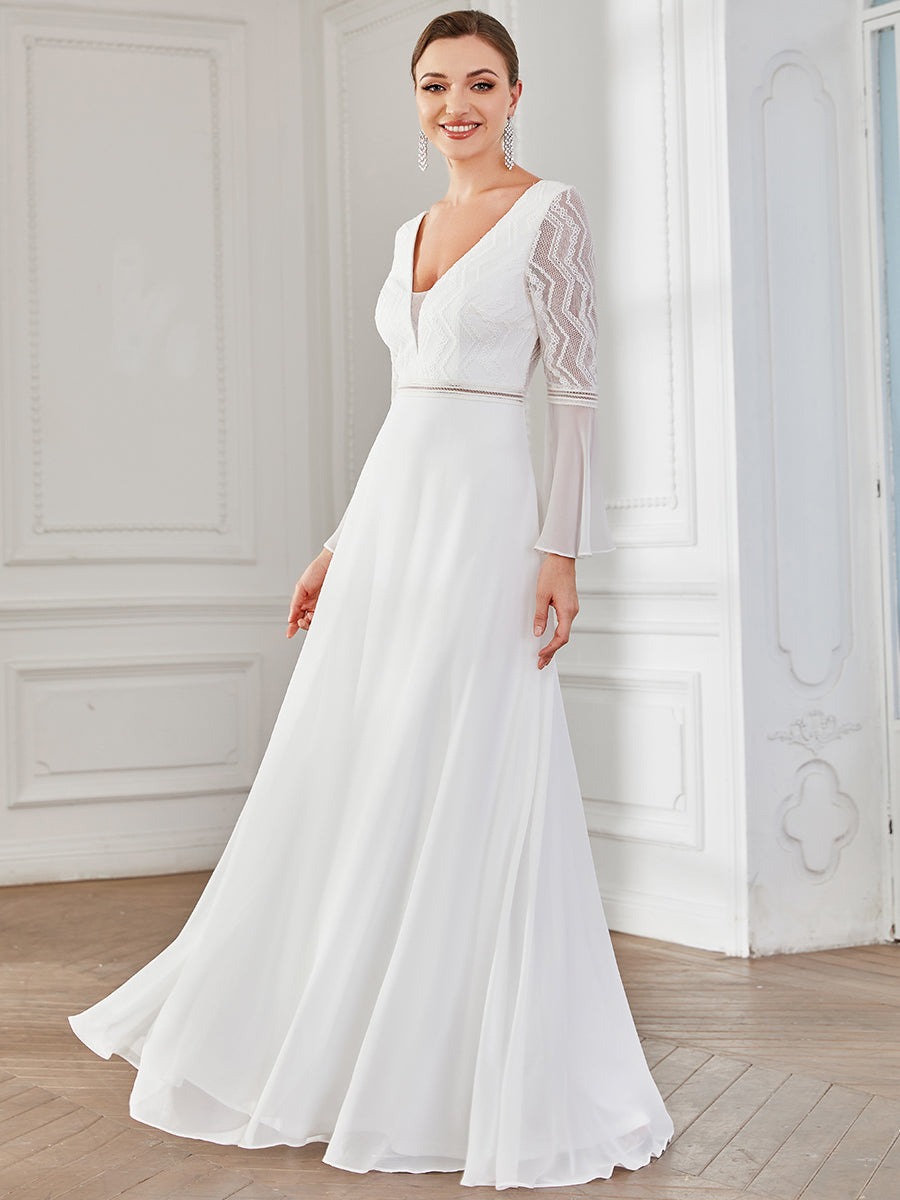 Deep V Neck A Line Wedding Dresses with Long Sleeves