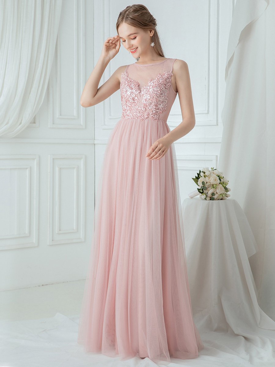 Round Neck Applique Bridesmaid Dress