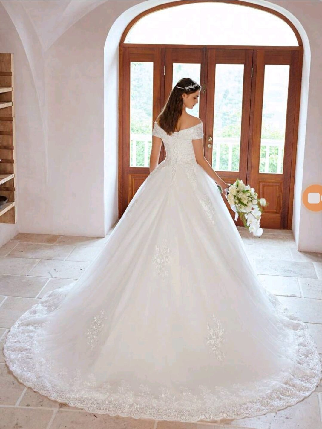 Hand-Beaded Appliqué Ball Gown Wedding Dress (Petticoat Not Included )