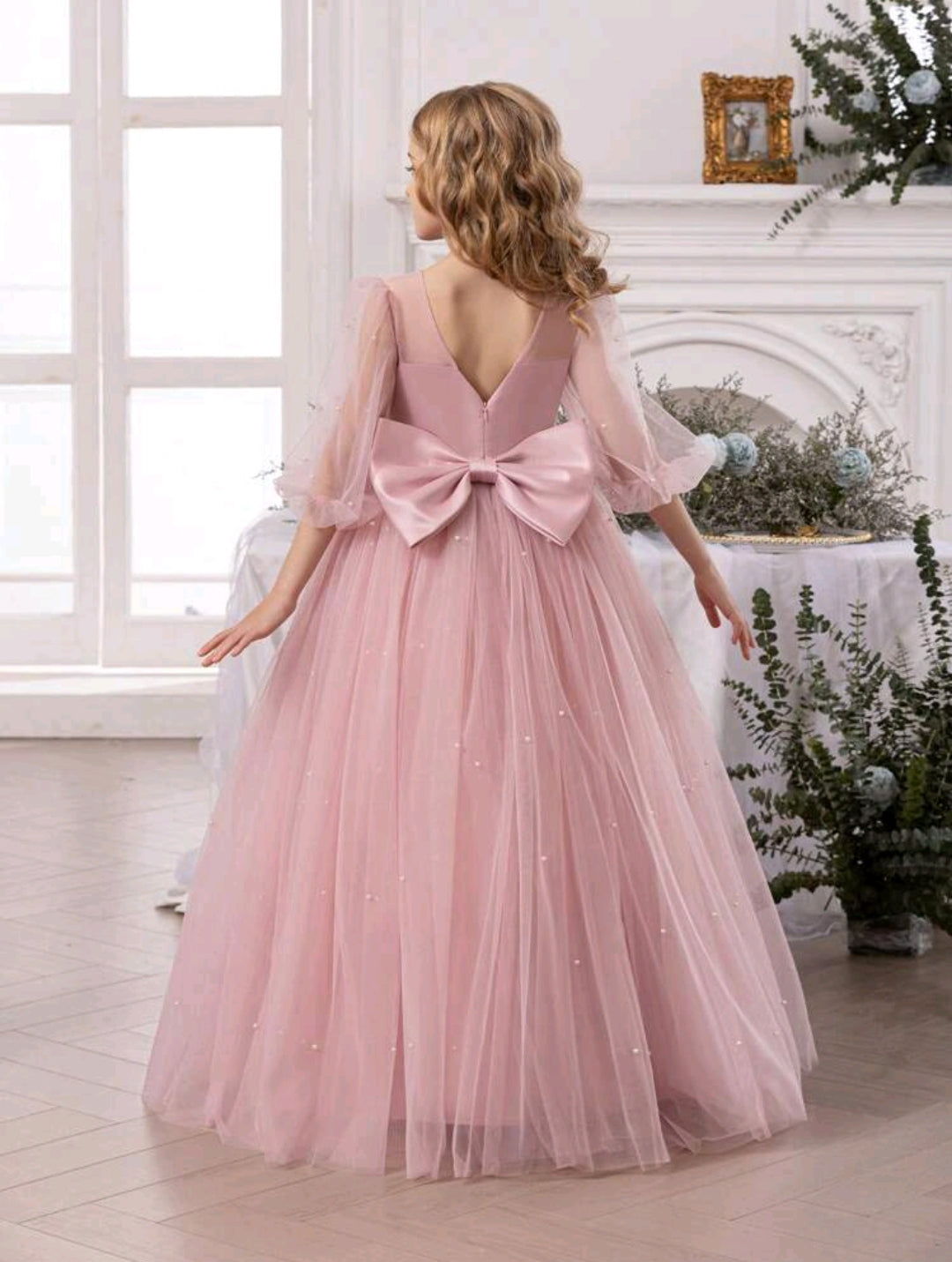 Tween Girl Pearl Bow Mesh Princess Dress