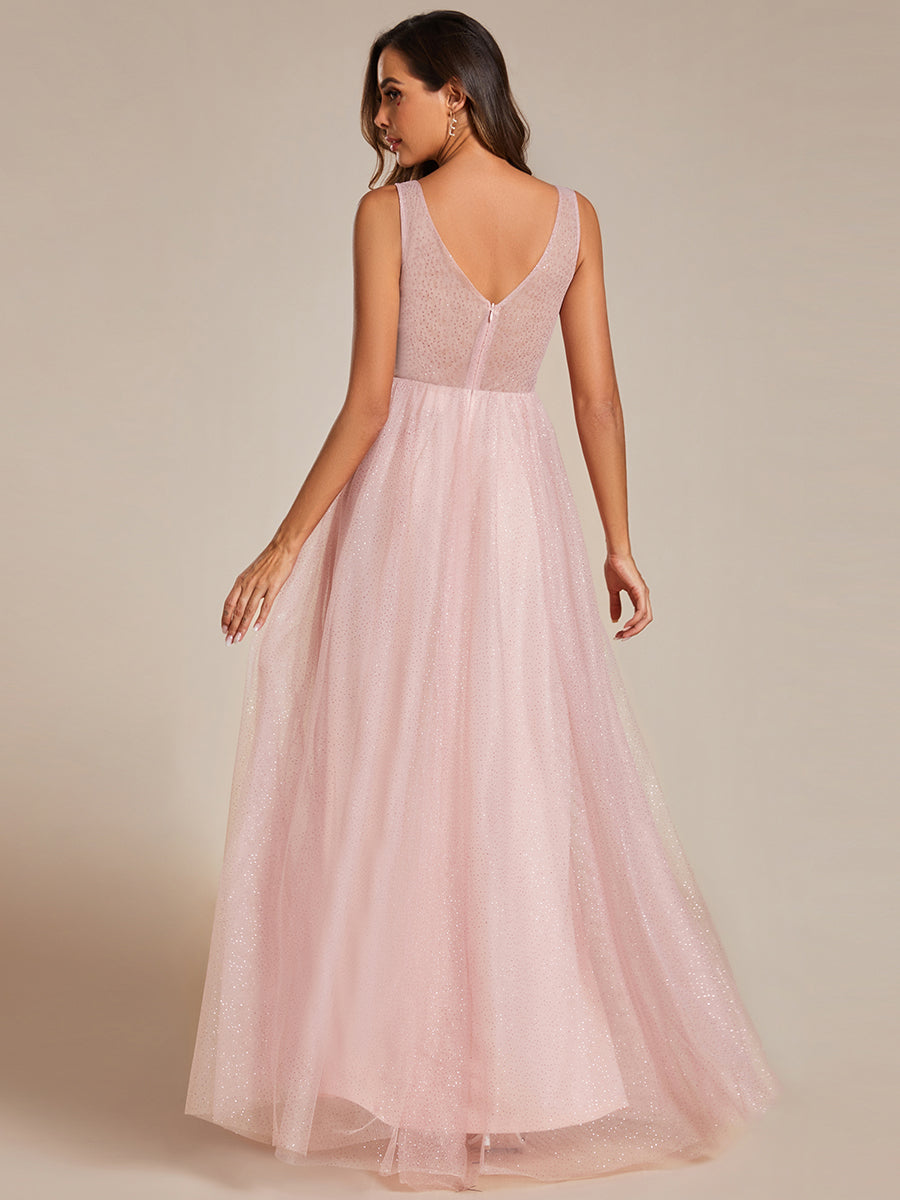 V-Neck Floor Length Spark Tulle Bridesmaid Dress