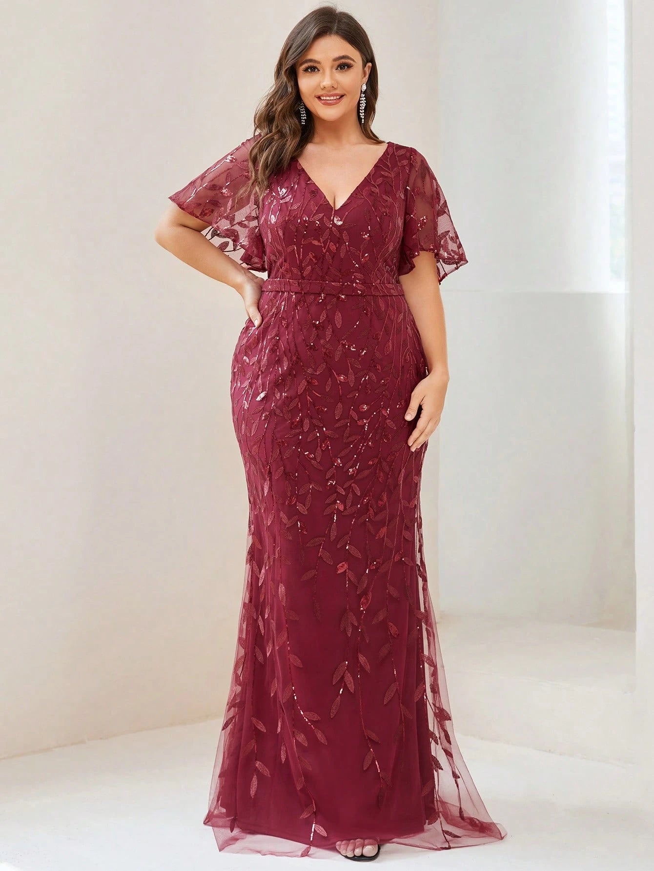 Plus Size Mesh Panel Butterfly Sleeve Sequin Dress - Preorder