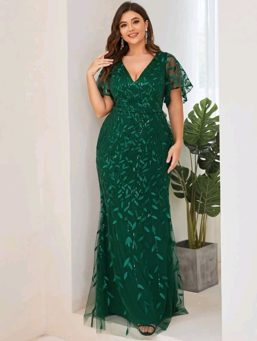 Plus Size Mesh Panel Butterfly Sleeve Sequin Dress - Preorder