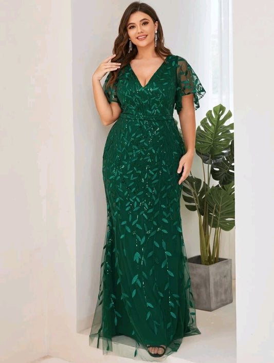 Plus Size Mesh Panel Butterfly Sleeve Sequin Dress - Preorder