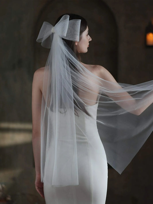 Faux Pearl & Bow Decor Bridal Veil
