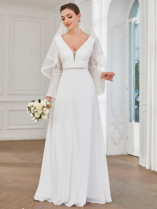 Deep V Neck A Line Wedding Dresses with Long Sleeves