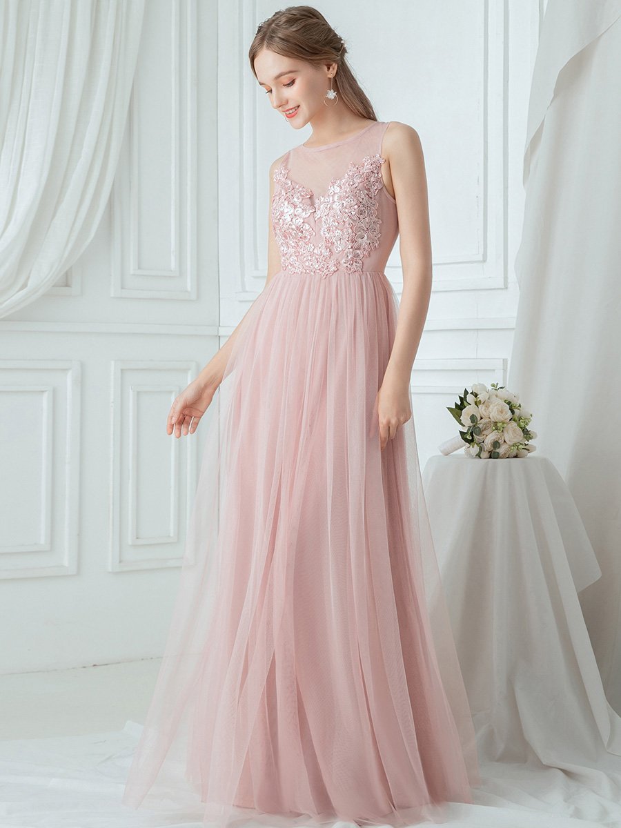 Round Neck Applique Bridesmaid Dress