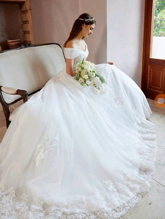 Hand-Beaded Appliqué Ball Gown Wedding Dress (Petticoat Not Included )