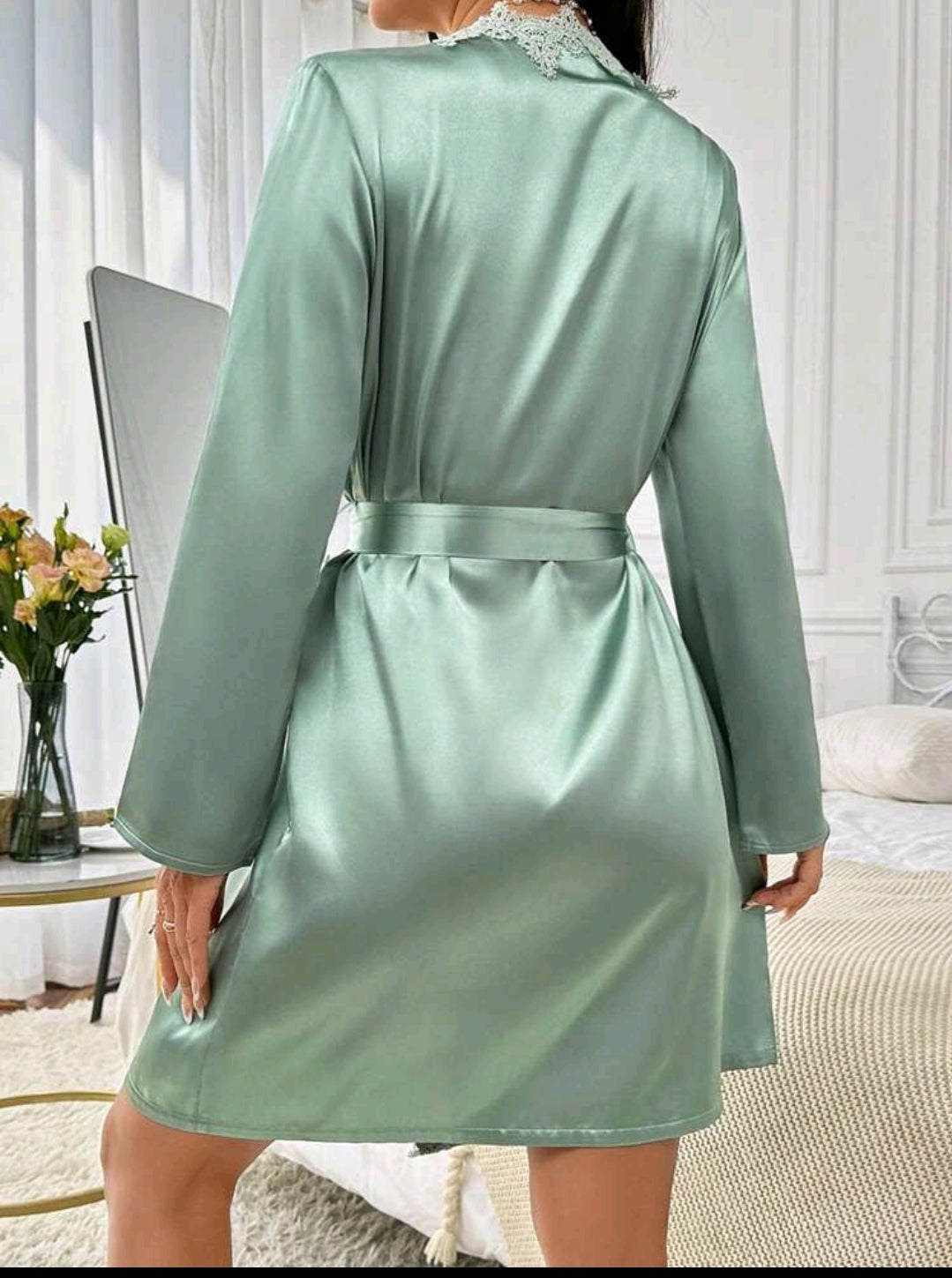 Satin Robe With Lace Details And Belted Waist