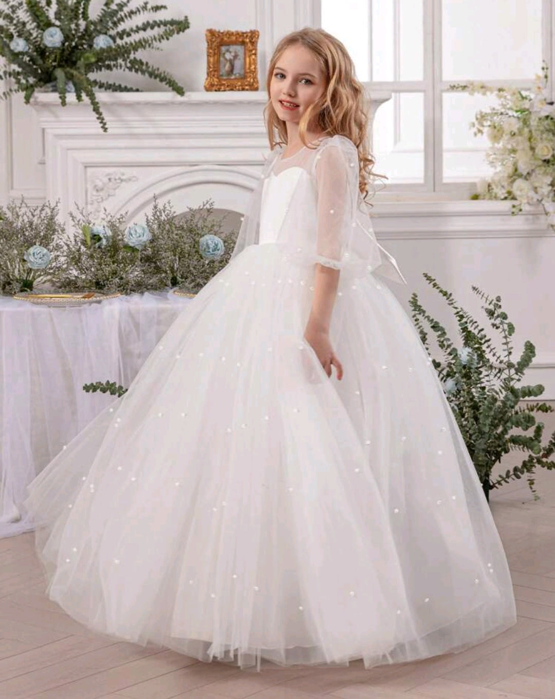 Tween Girl Pearl Bow Mesh Princess Dress