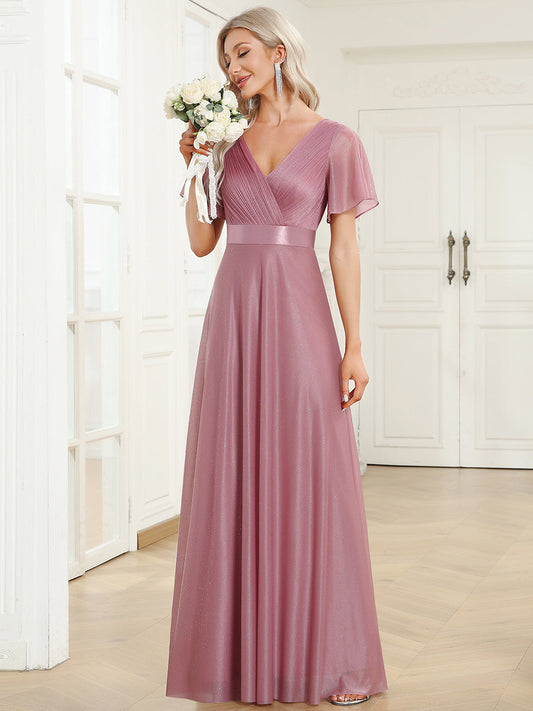 Deep V Neck Ruffles Sleeve A Line Mother of Groom Dresses