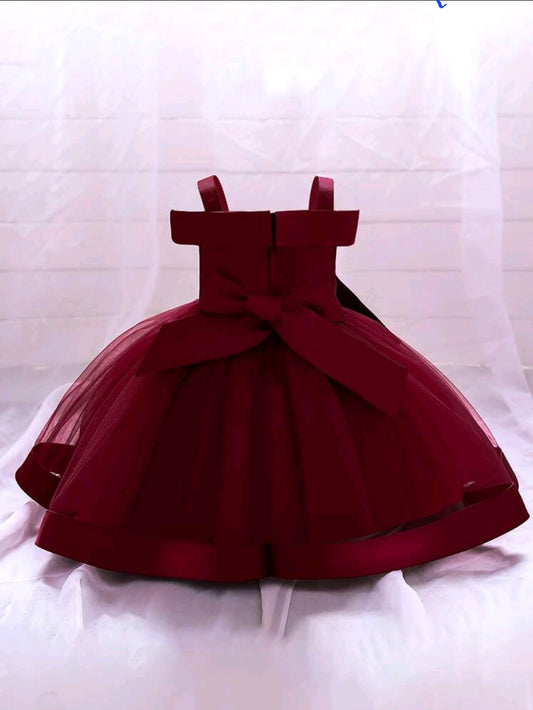 Girl's Mesh & Satin Fabric Strap Puff Dress With Bowknot