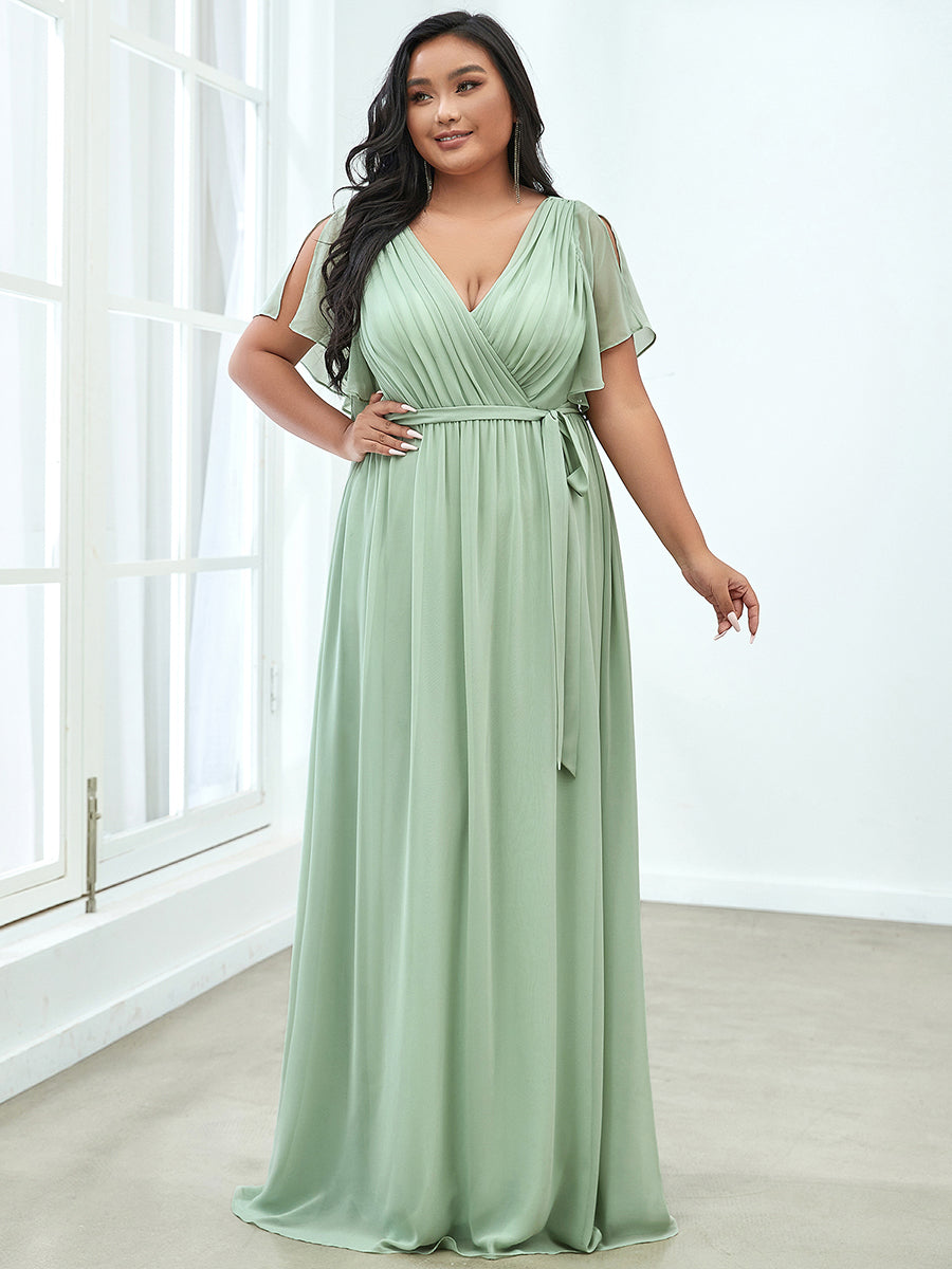 A Line bridesmaid Dresses with Deep V Neck Ruffles Sleeves