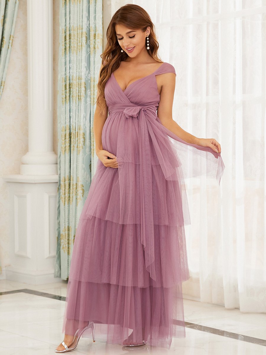 maternity layered dress Maternity Ruffle Trim Off Shoulder Mesh Overlay Photography Dress Rust / XL