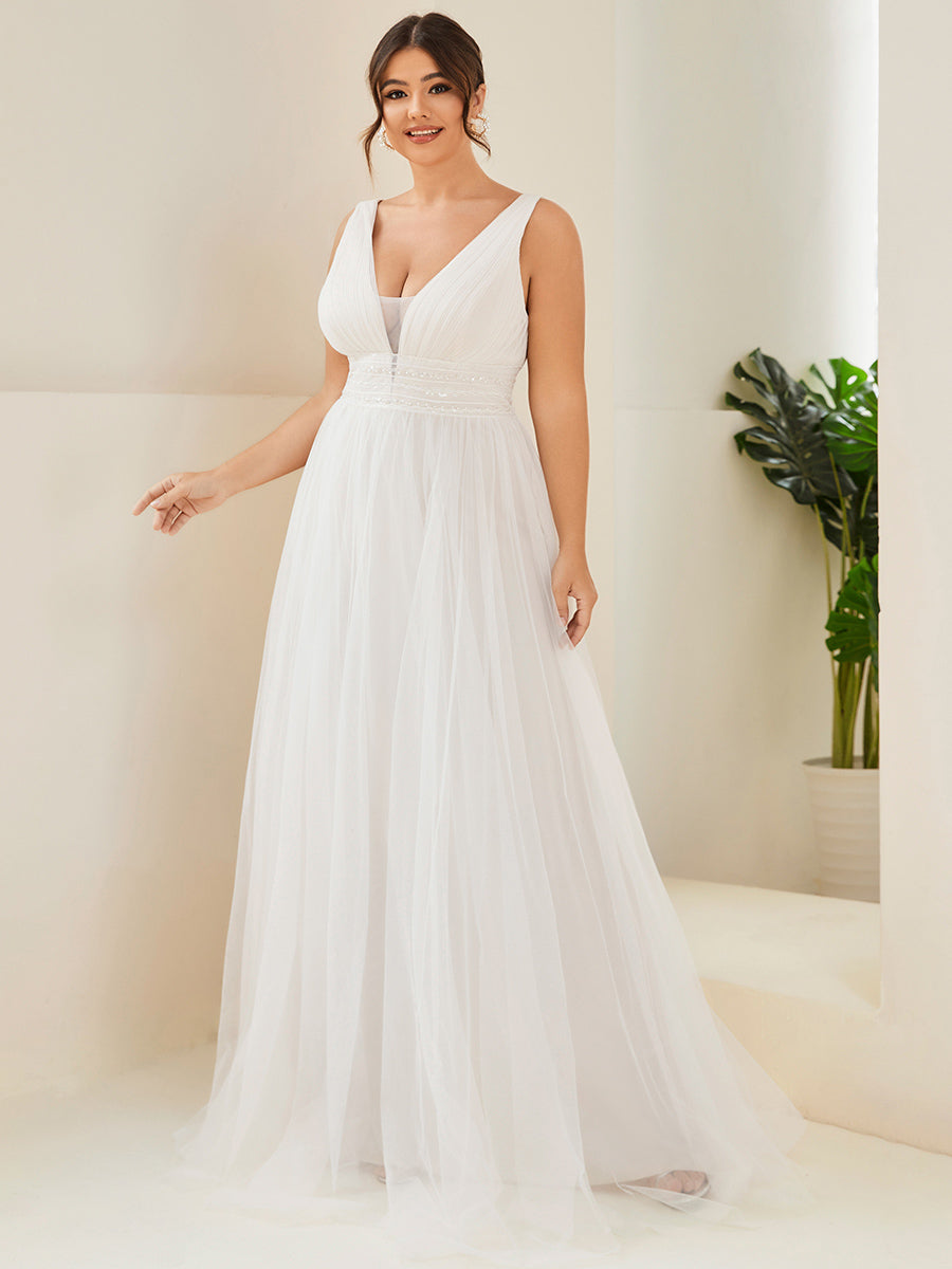 Plus Size A Line Sleeveless Wedding Dresses with Deep V Neck
