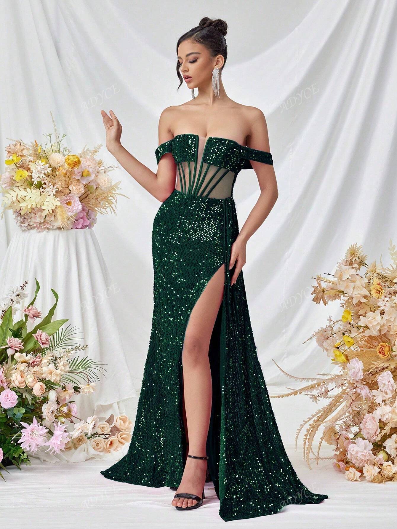 Glittering Off-Shoulder Evening Party Dress