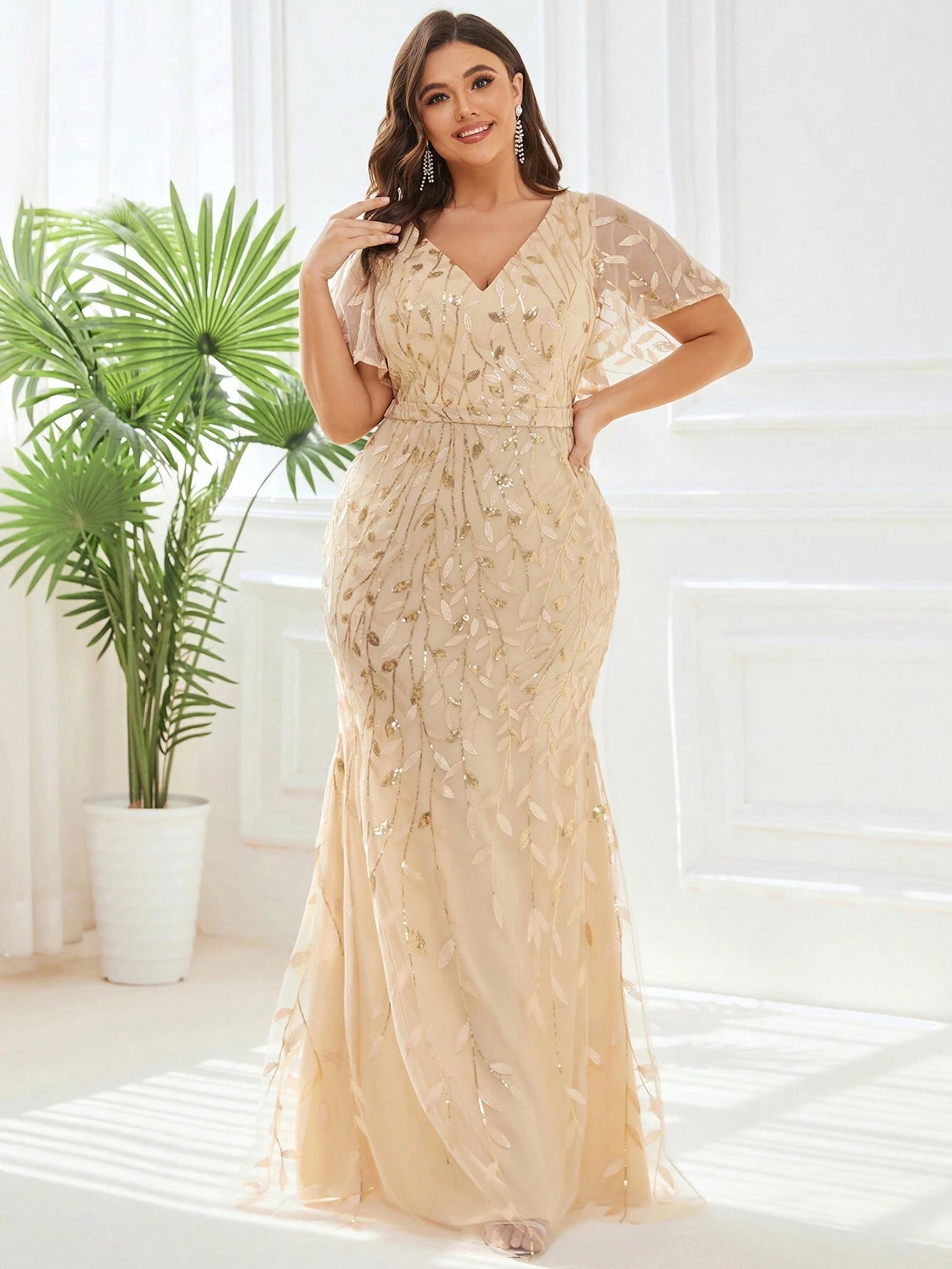 Plus Size Mesh Panel Butterfly Sleeve Sequin Dress - Preorder