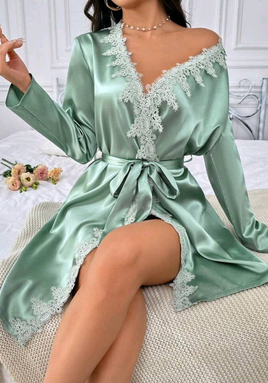 Satin Robe With Lace Details And Belted Waist