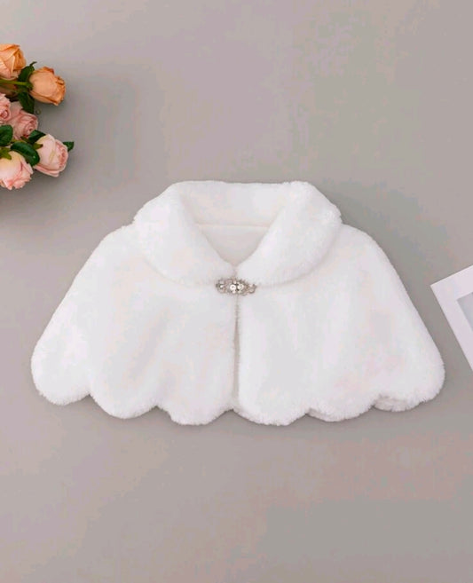 Girls White Short Faux Fur Collar Ruffled Hem Coat-let