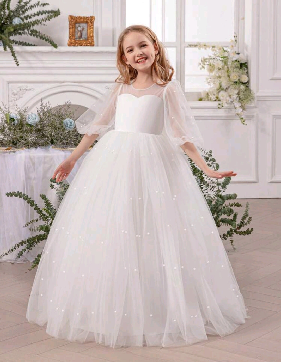 Tween Girl Pearl Bow Mesh Princess Dress