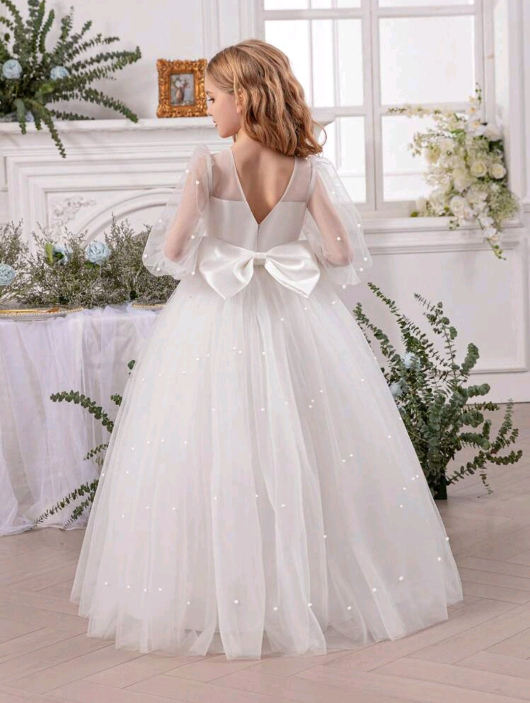 Tween Girl Pearl Bow Mesh Princess Dress