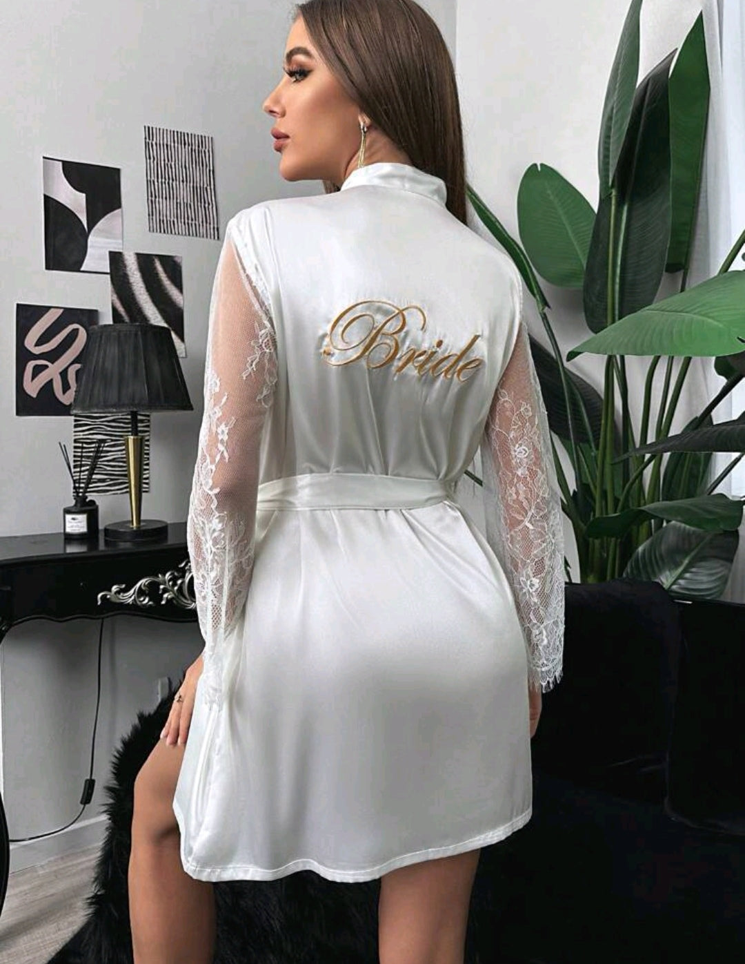 Plus Size Bride Lace Belted Satin Robe