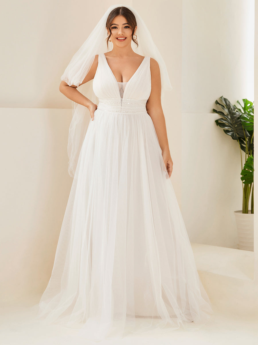 Plus Size A Line Sleeveless Wedding Dresses with Deep V Neck