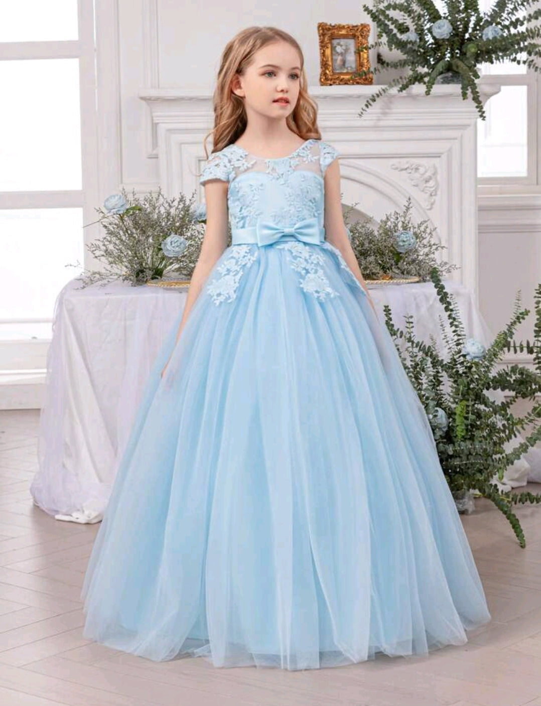 Tween Girl Bowknot Embroidered Tulle Party Dress
