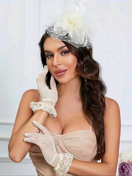 Fascinator And Lace Gloves Set Beige
