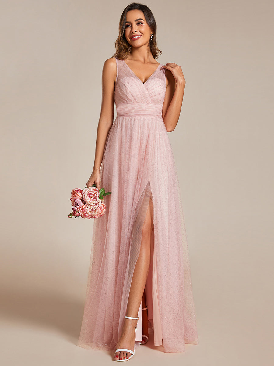 V-Neck Floor Length Spark Tulle Bridesmaid Dress