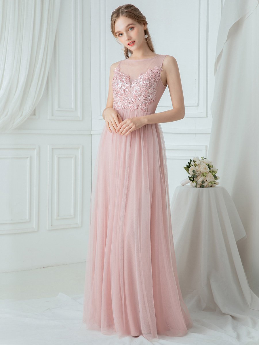 Round Neck Applique Bridesmaid Dress