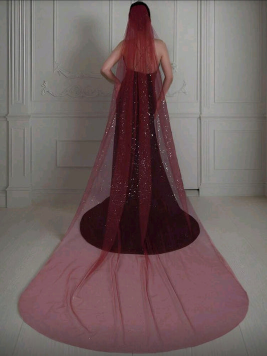 Burgundy Glitter Long Veil Bridal Veil