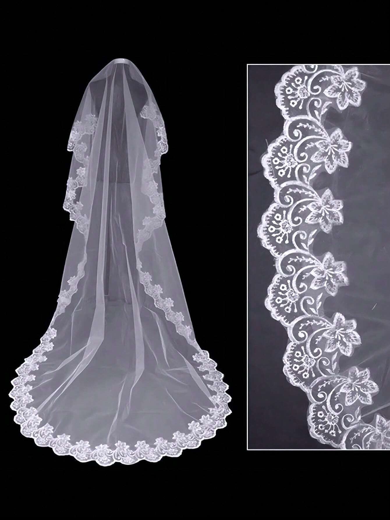 Bridal Veil With Lace Embroidery And 3m Length