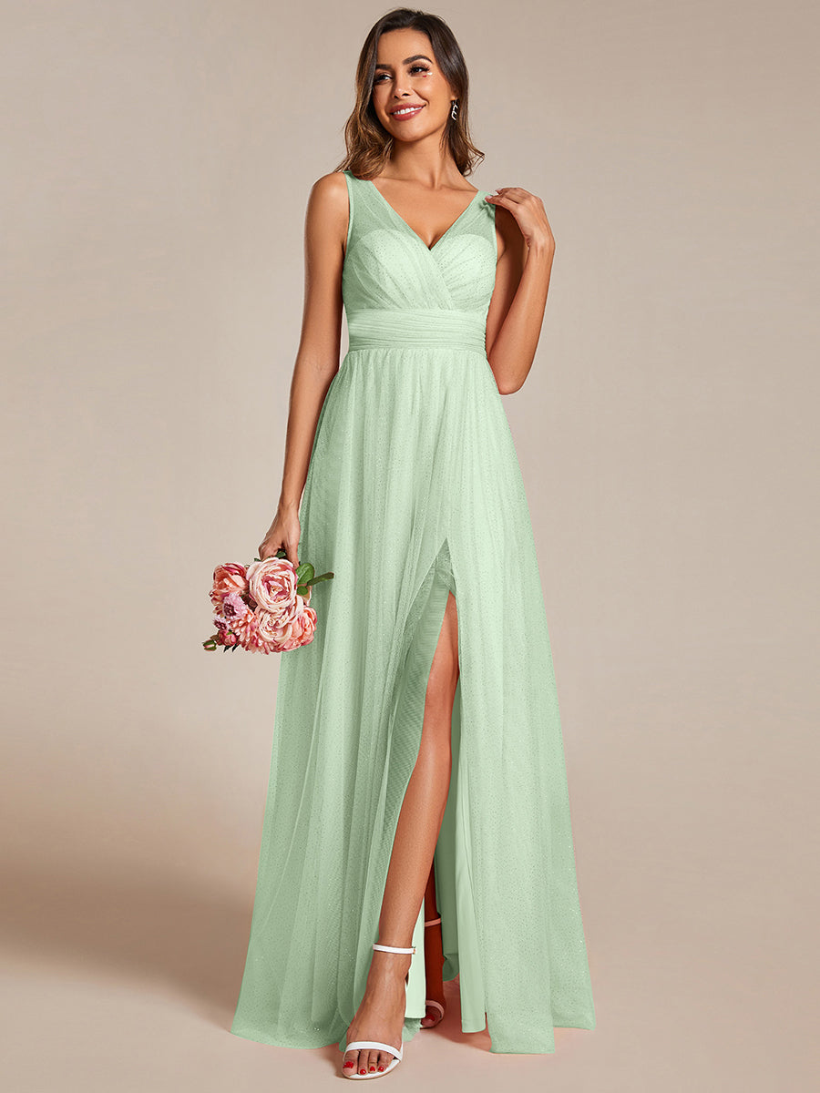 V-Neck Floor Length Spark Tulle Bridesmaid Dress