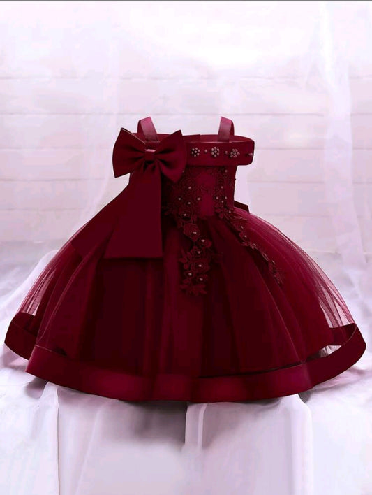 Girl's Mesh & Satin Fabric Strap Puff Dress With Bowknot