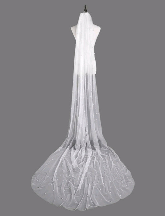 Faux Pearl Detail Bridal Veil - Beige