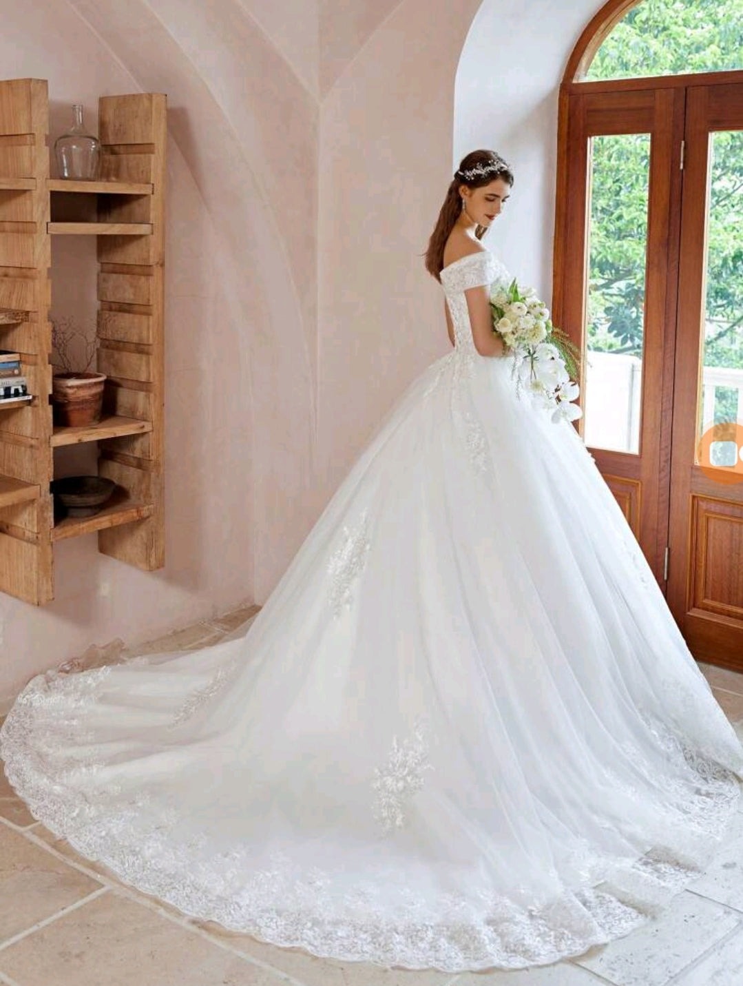 Hand-Beaded Appliqué Ball Gown Wedding Dress (Petticoat Not Included )